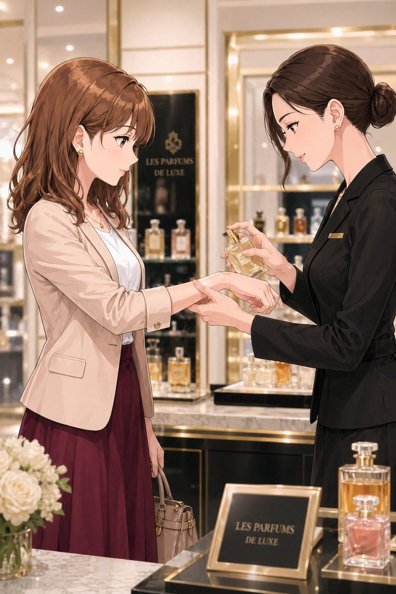 Luxury Perfume Counter Office Lady Scene — GPT Image 2 image prompt example