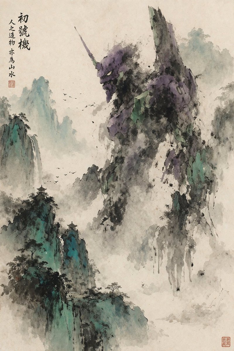 Mecha Ink Wash Landscape Painting — GPT Image 2 image prompt example