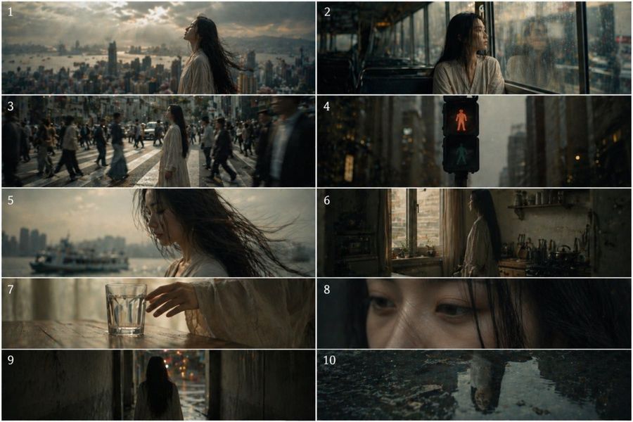 Melancholic 10 Frame Urban Storyboard — GPT Image 2 image prompt example