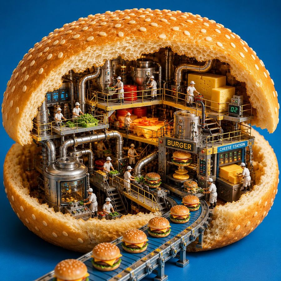 Miniature Burger Factory Inside Bun — GPT Image 2 image prompt example