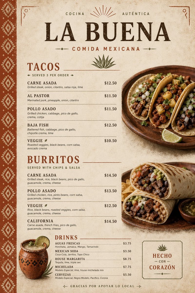 Modern Mexican Restaurant Menu Design — GPT Image 2 image prompt example