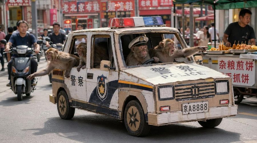 Monkey Patrol In Cardboard Police Car — GPT Image 2 image prompt example