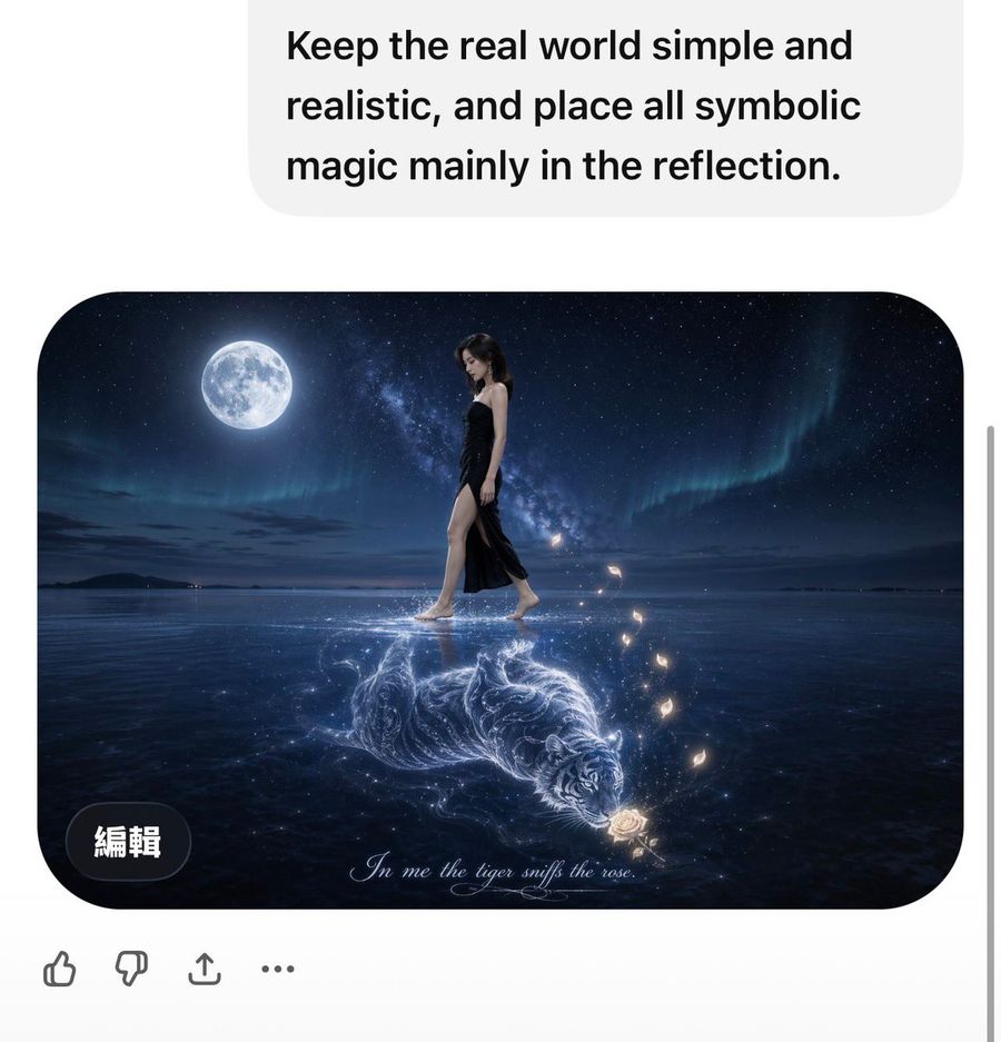 Moonlit Woman And Tiger Reflection by @NemoZhuge — GPT Image 2 image prompt example
