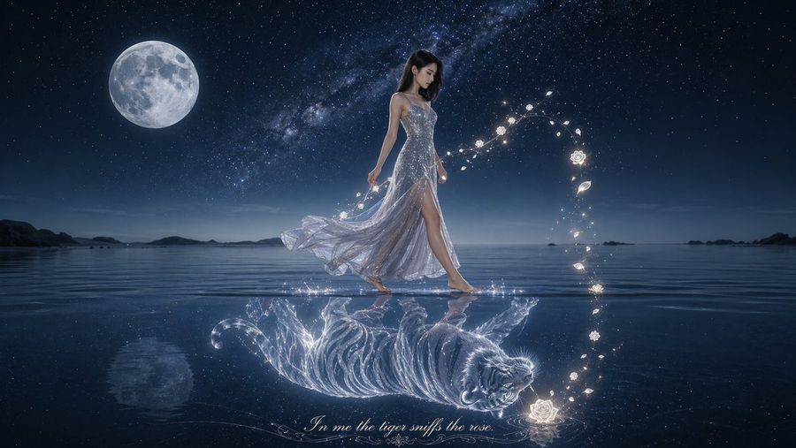 Moonlit Woman And Tiger Reflection — GPT Image 2 image prompt example