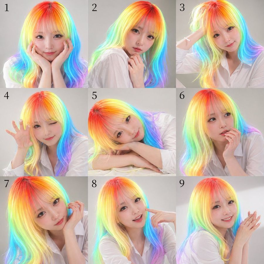 Nine Panel Rainbow Hair Portrait Sheet — GPT Image 2 image prompt example