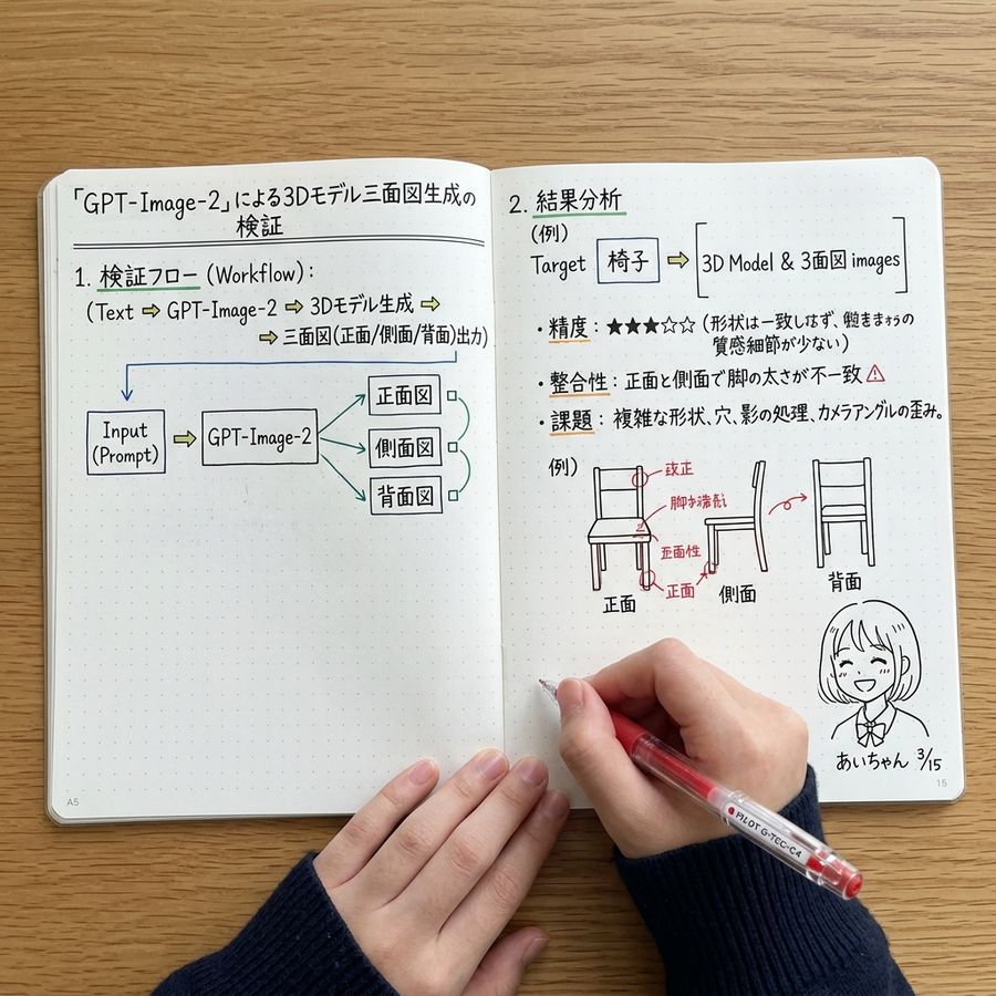 Notebook Spread With 3d Model Analysis Diagrams — GPT Image 2 image prompt example