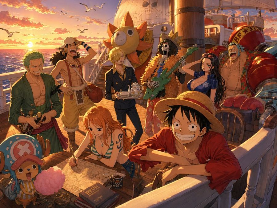 One Piece Straw Hat Crew At Sunset — GPT Image 2 image prompt example