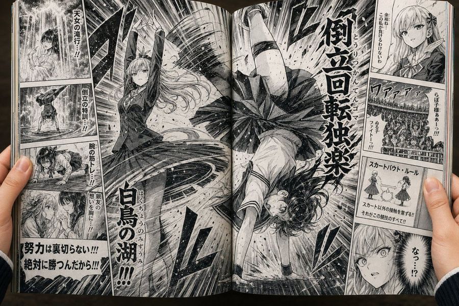 Open Manga Spread Of Skirt Battle — GPT Image 2 image prompt example