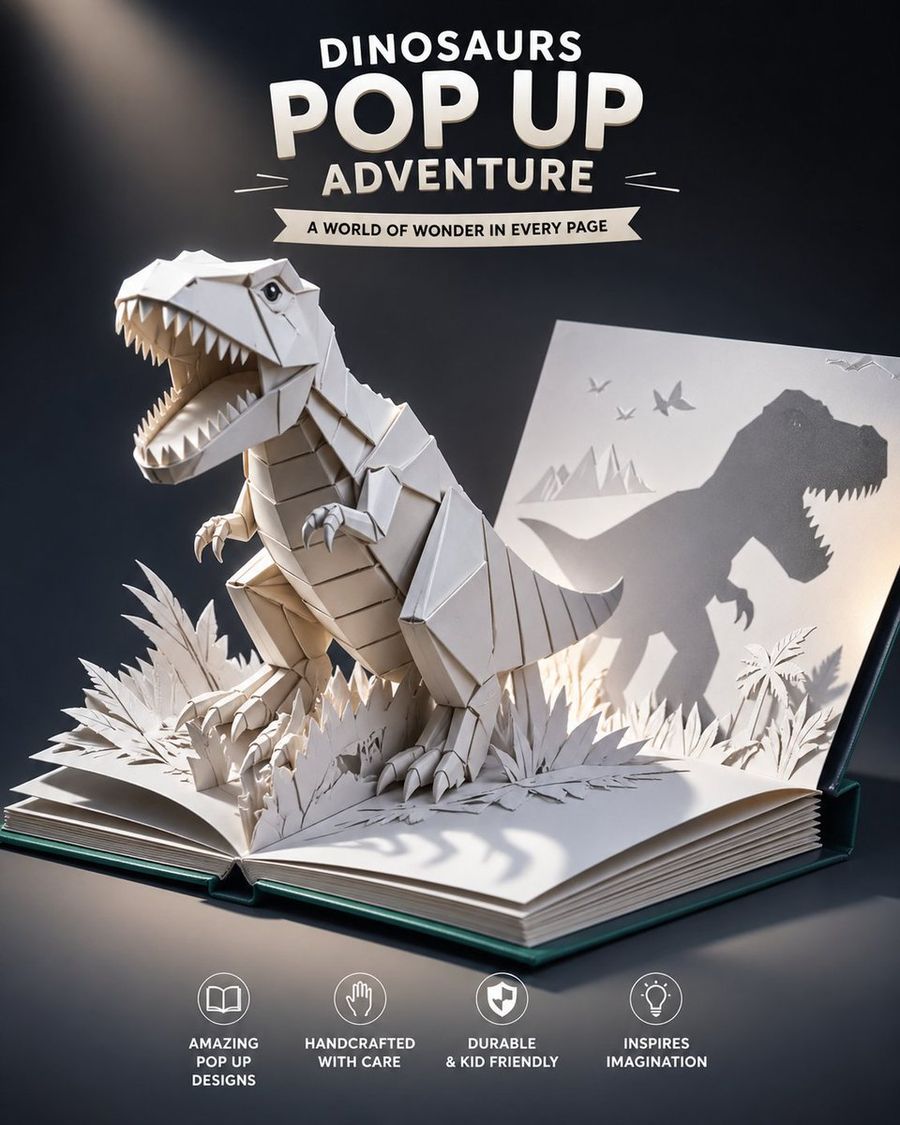 Origami Dinosaur Pop Up Book Ad — GPT Image 2 image prompt example