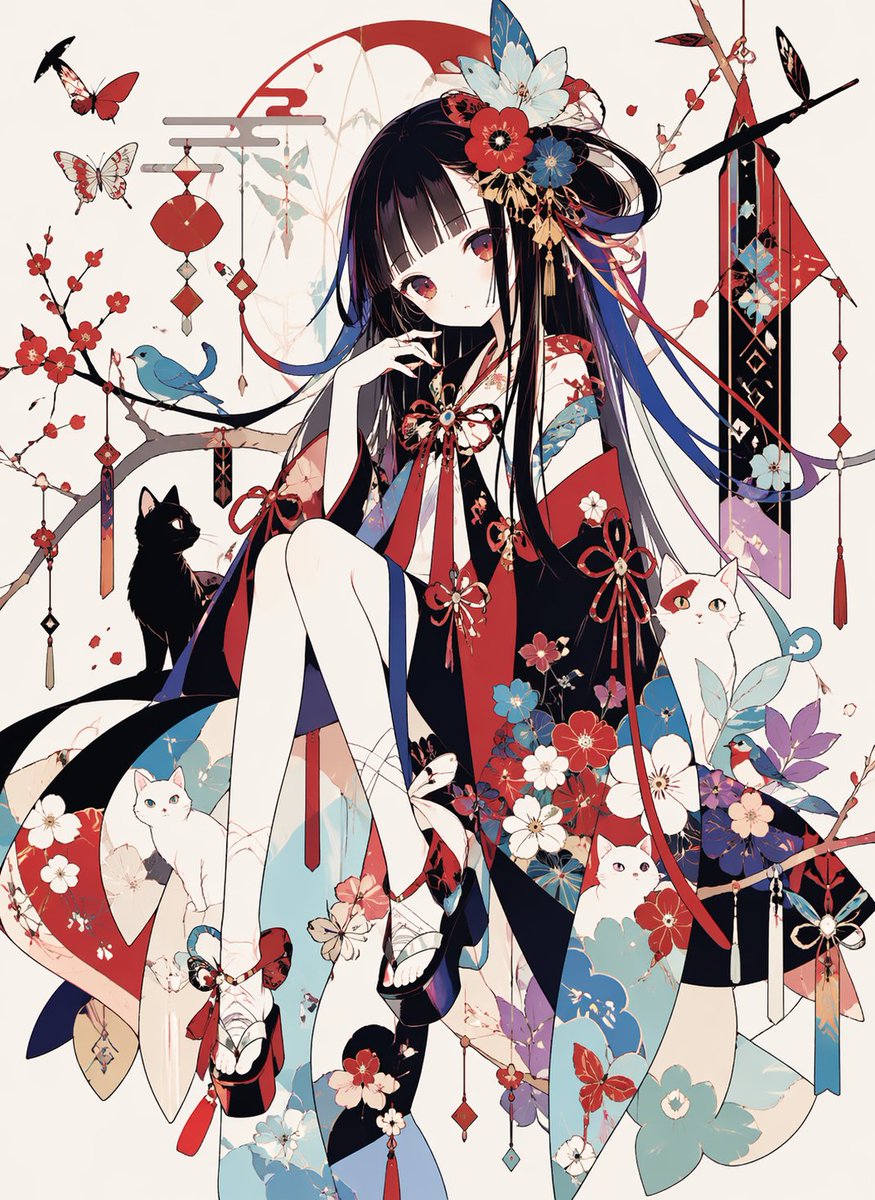 Ornamental Kimono Girl With Cats — GPT Image 2 image prompt example