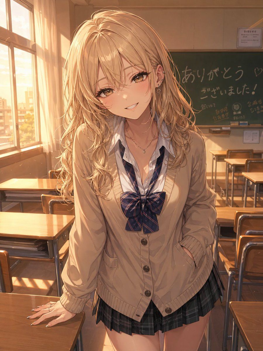 Otaku Friendly Gyaru In Sunset Classroom — GPT Image 2 image prompt example