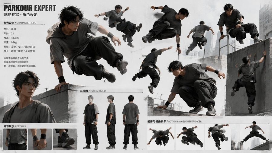Parkour Character Montage Layout — GPT Image 2 image prompt example