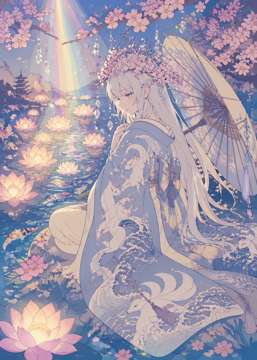 Pastel Anime Kimono By Lotus Pond — GPT Image 2 image prompt example