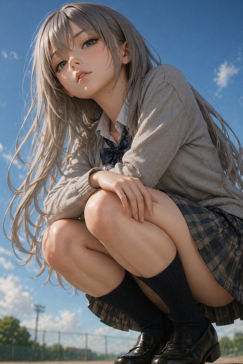 Photorealistic Anime Schoolgirl Crouching Portrait — GPT Image 2 image prompt example