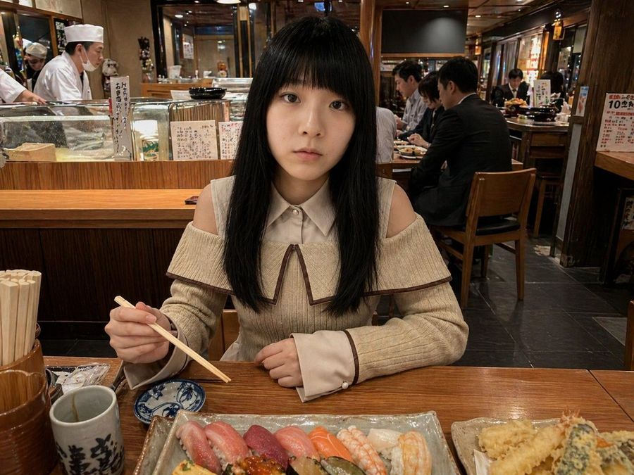 Photorealistic Sushi Counter Dinner Portrait — GPT Image 2 image prompt example