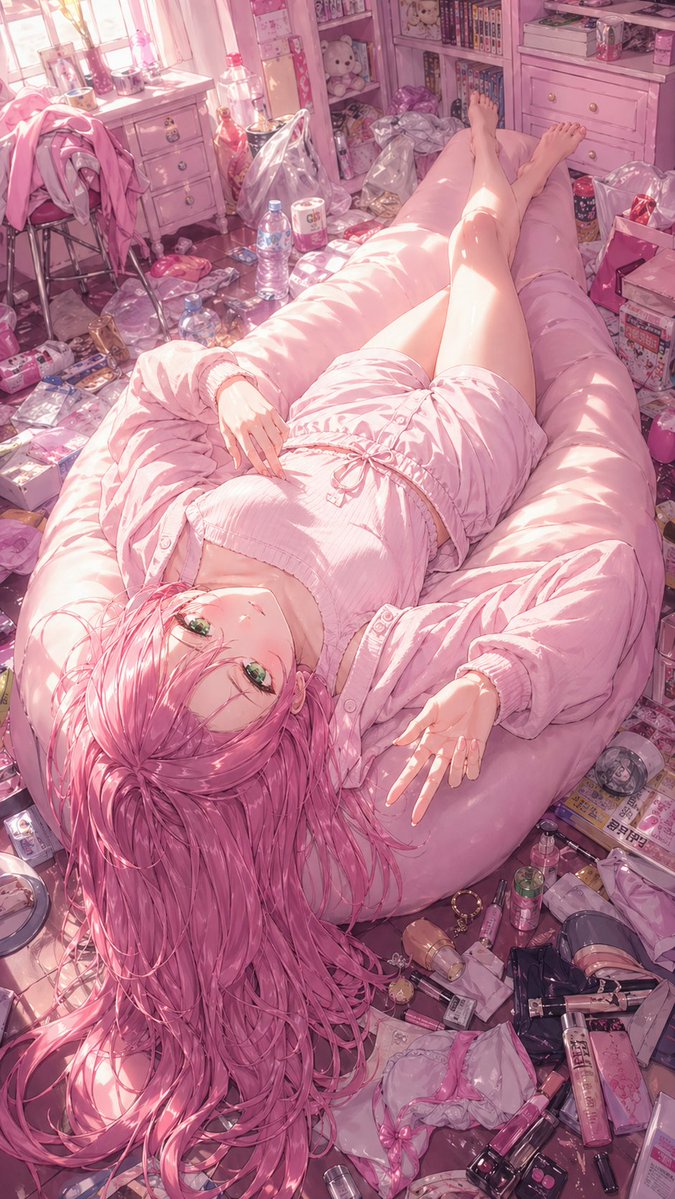 Pink Anime Girl In A Messy Bedroom — GPT Image 2 image prompt example