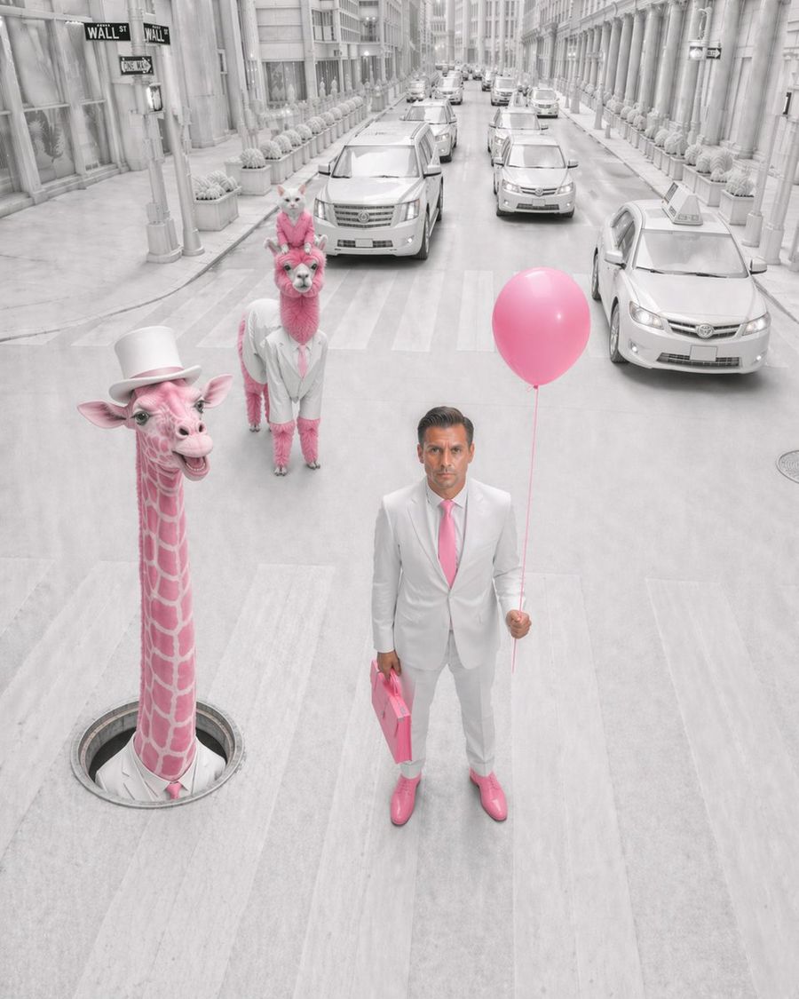 Pink Surreal Wall Street Fashion Scene — GPT Image 2 image prompt example