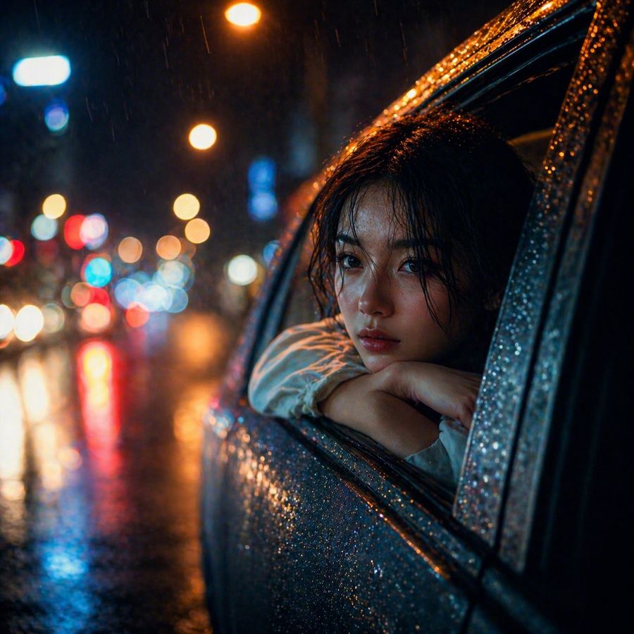 Rainy Night Woman Leaning From Car — GPT Image 2 image prompt example