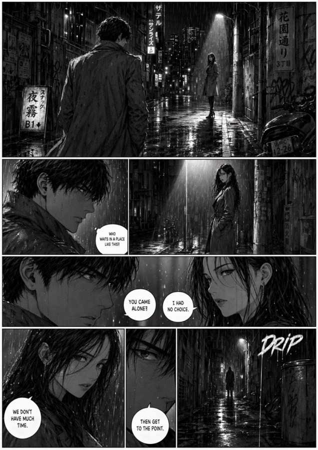 Rainy Noir Manga Alley Page — GPT Image 2 image prompt example
