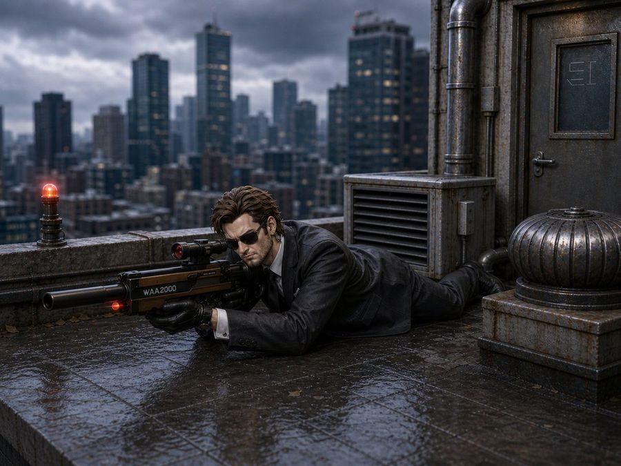 Rainy Rooftop Sniper Diorama — GPT Image 2 image prompt example