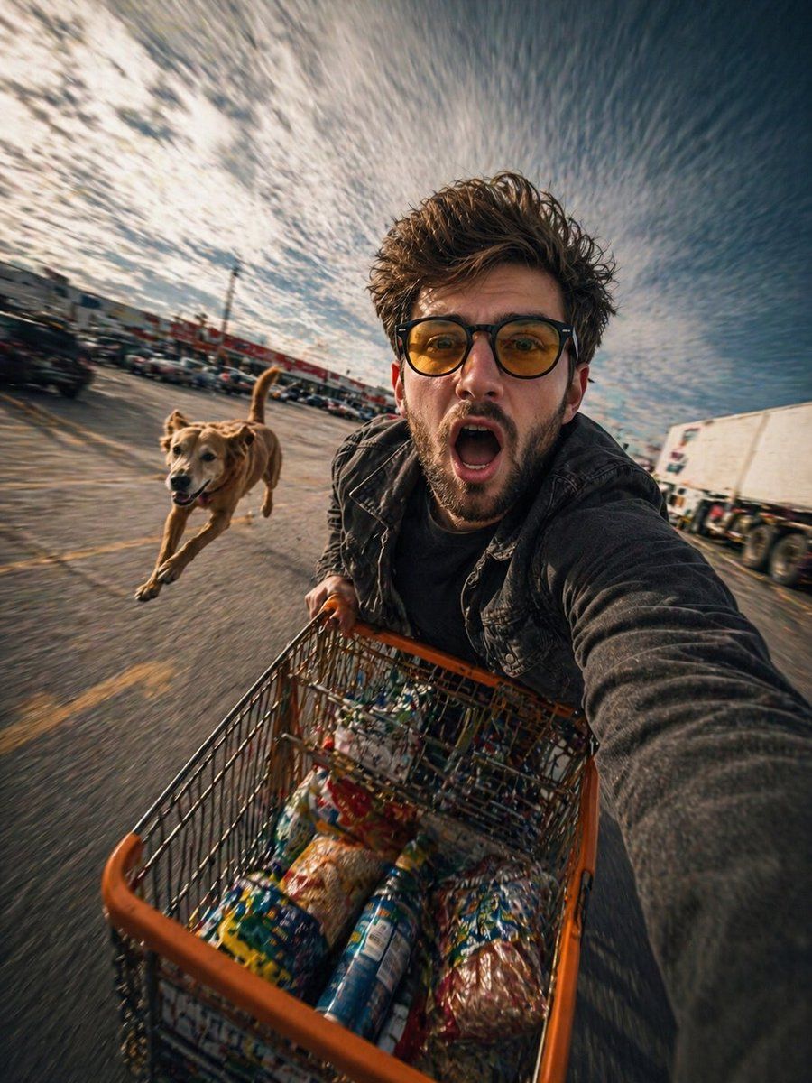 Realistic Action Selfie With Shopping Cart — GPT Image 2 image prompt example