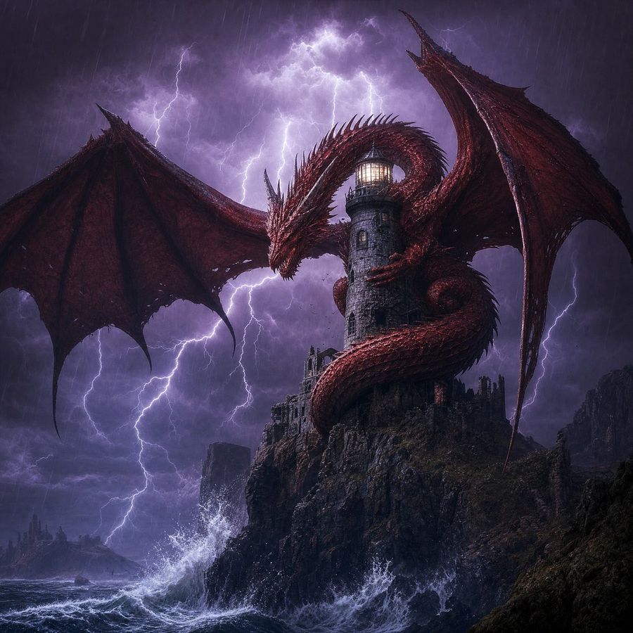 Red Dragon Lighthouse Storm by @AskVenice — GPT Image 2 image prompt example