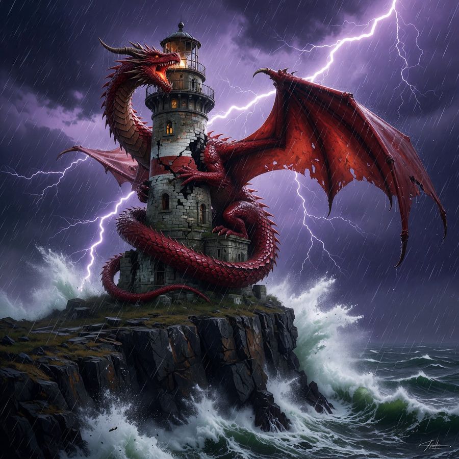 Red Dragon Lighthouse Storm — GPT Image 2 image prompt example