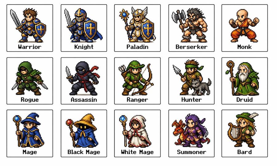 Retro Fantasy Class Sprite Grid — GPT Image 2 image prompt example