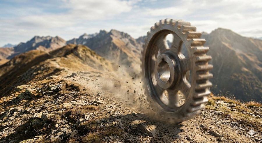 Rolling Steel Gear On Mountain Ridge — GPT Image 2 image prompt example
