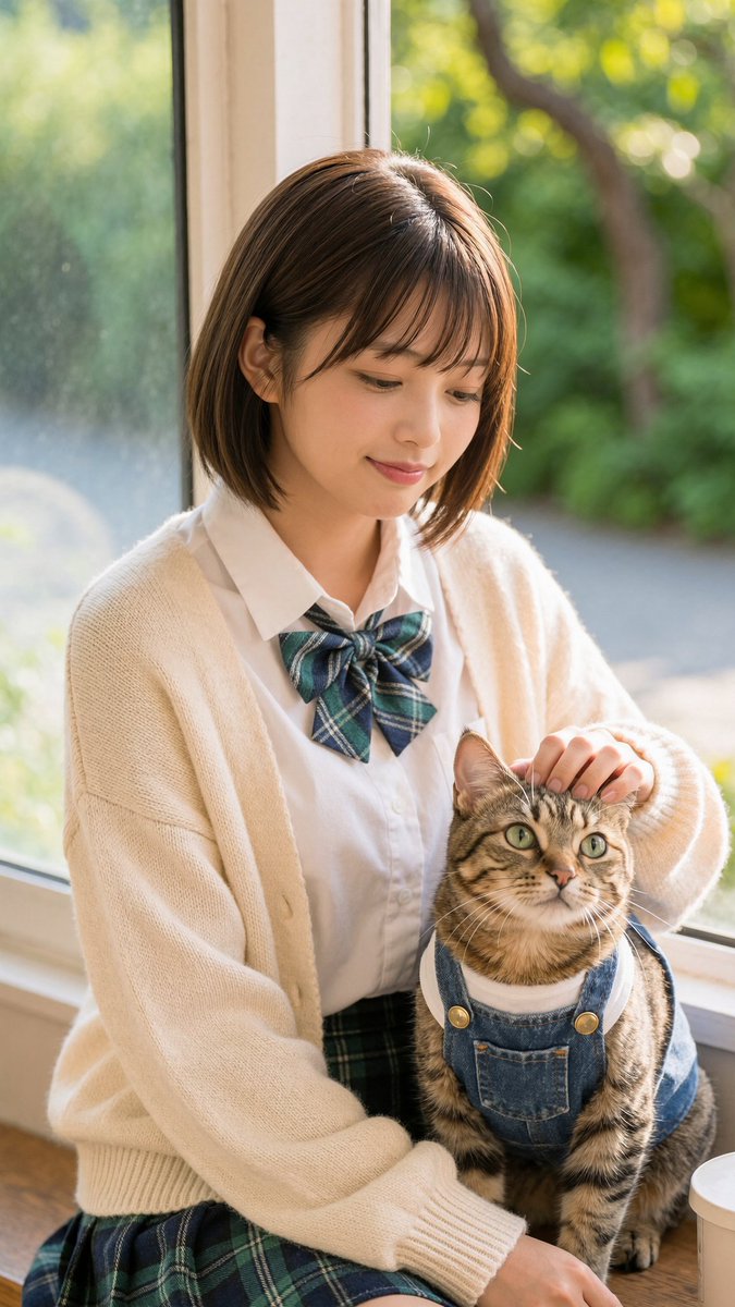 Schoolgirl With Cat By Sunlit Window — GPT Image 2 image prompt example