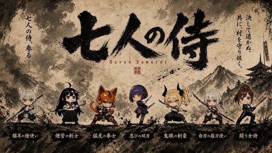 Seven Chibi Samurai Ink Poster — GPT Image 2 image prompt example