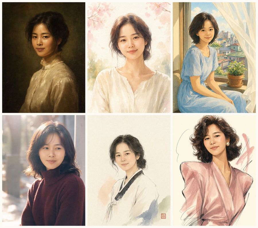 Six Styles Of The Same Mother — GPT Image 2 image prompt example