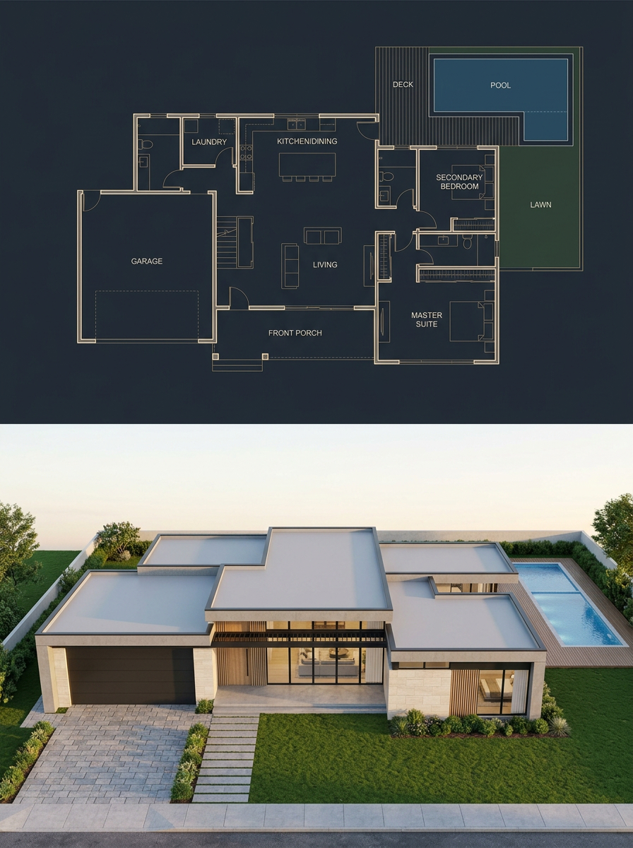 Split Blueprint House Render — GPT Image 2 image prompt example