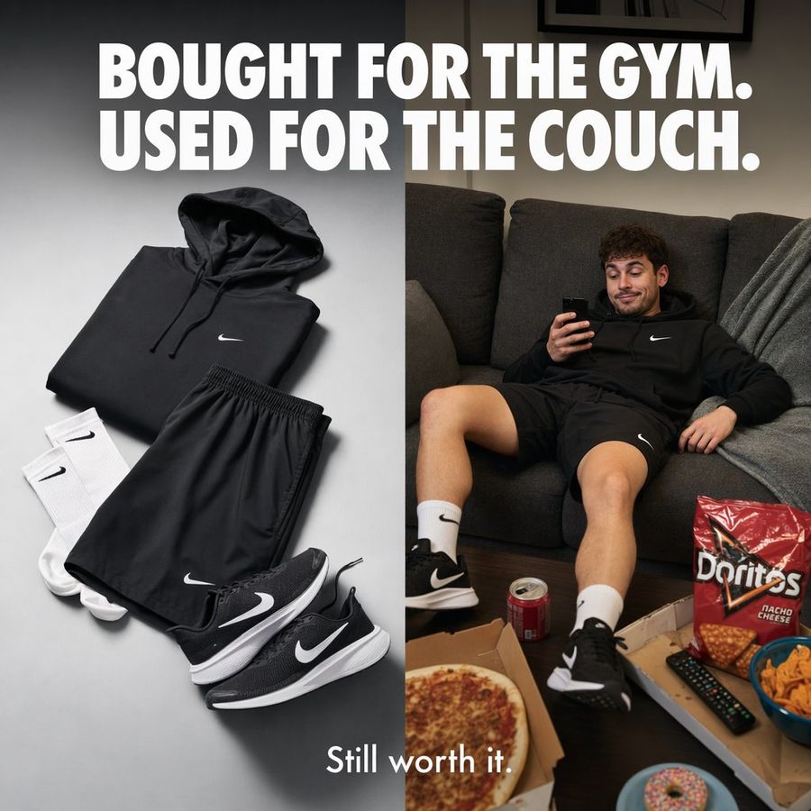 Split Screen Athleisure Couch Ad — GPT Image 2 image prompt example