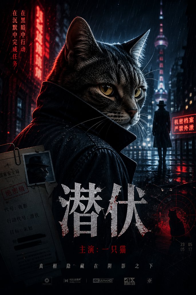 Spy Movie Poster With Cat — GPT Image 2 image prompt example