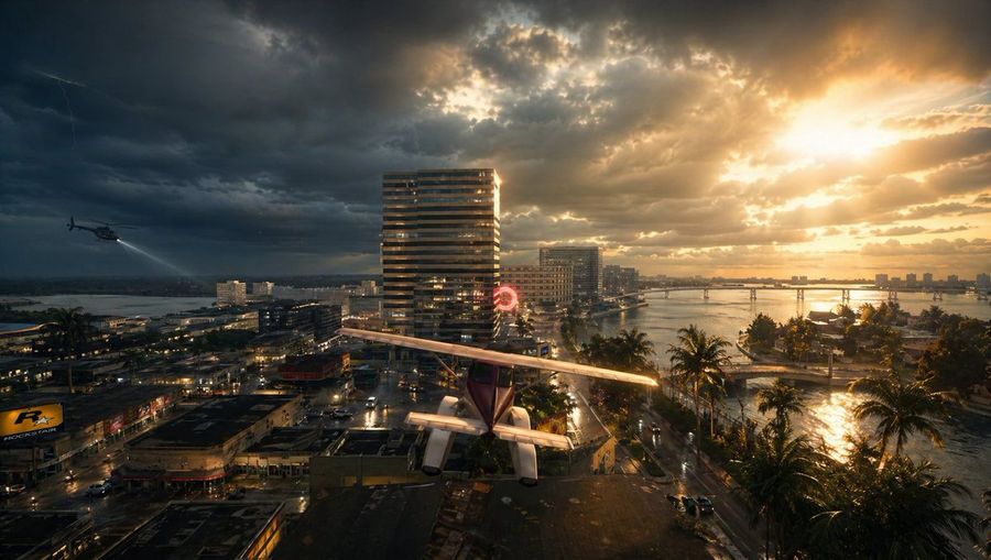 Stormy Tropical City With Rooftop Plane — GPT Image 2 image prompt example