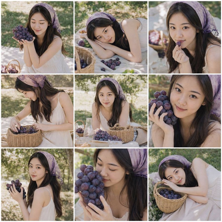 Summer Grape Girl Photo Grid — GPT Image 2 image prompt example