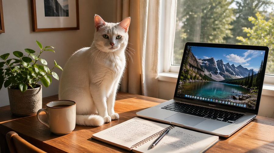 Sunlit Desk With White Cat And Laptop — GPT Image 2 image prompt example