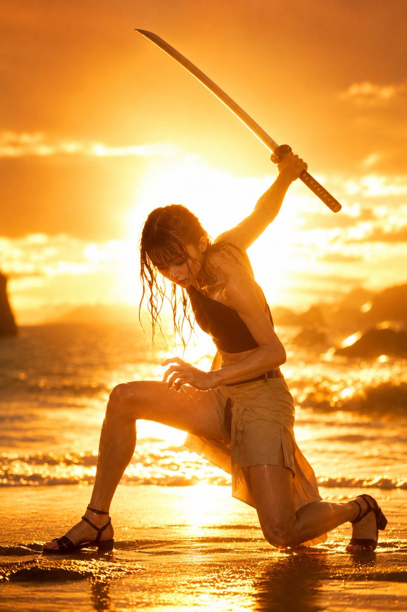 Sunset Beach Katana Warrior — GPT Image 2 image prompt example