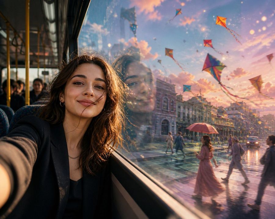 Surreal Bus Window Selfie — GPT Image 2 image prompt example