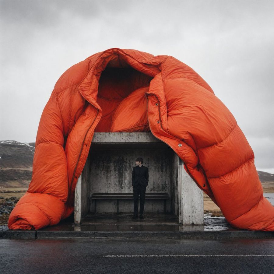 Surreal Orange Puffer Bus Stop Editorial — GPT Image 2 image prompt example