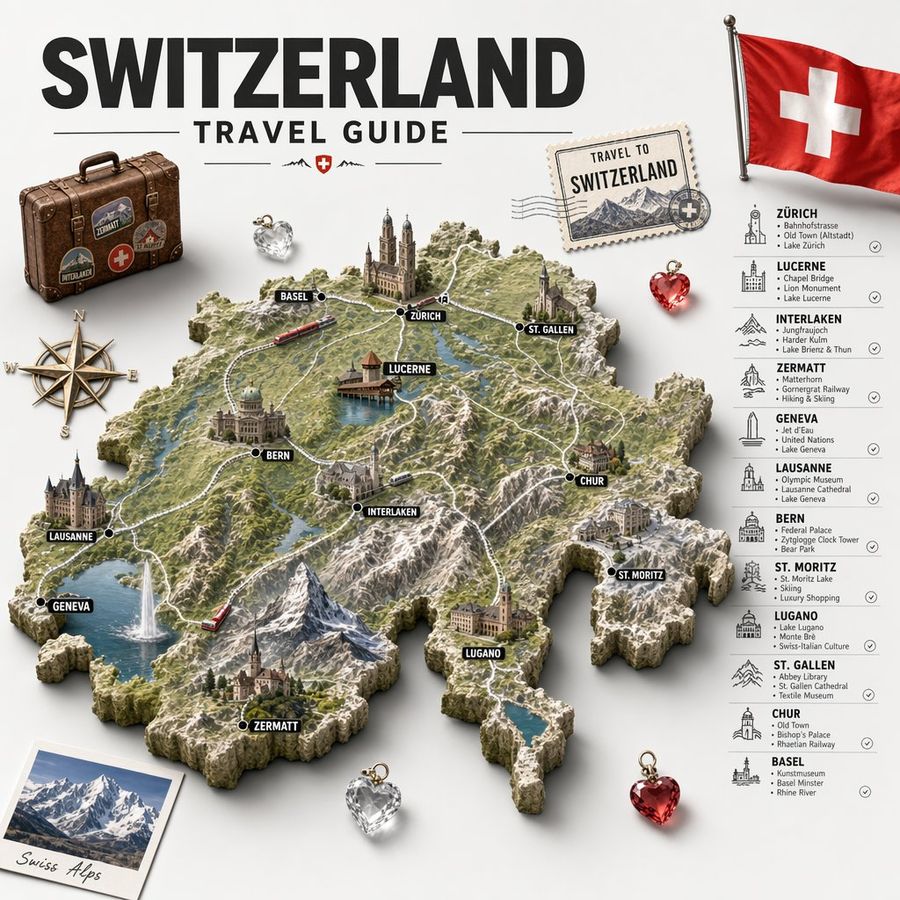 Swiss Travel Guide Relief Map Poster — GPT Image 2 image prompt example