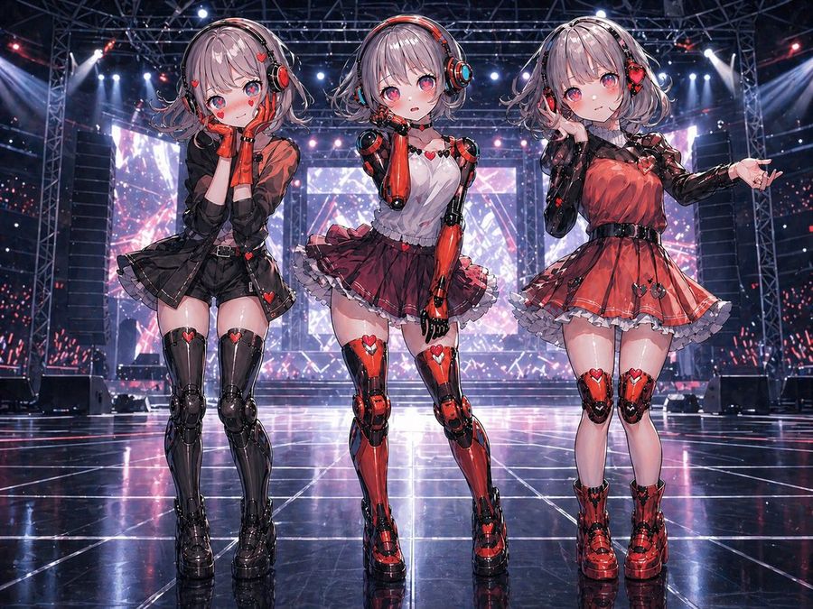 Three Android Idol Girls On Concert Stage — GPT Image 2 image prompt example