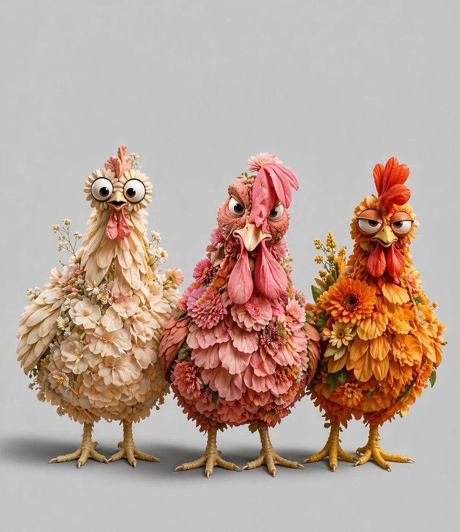Three Floral Chickens Portrait — GPT Image 2 image prompt example