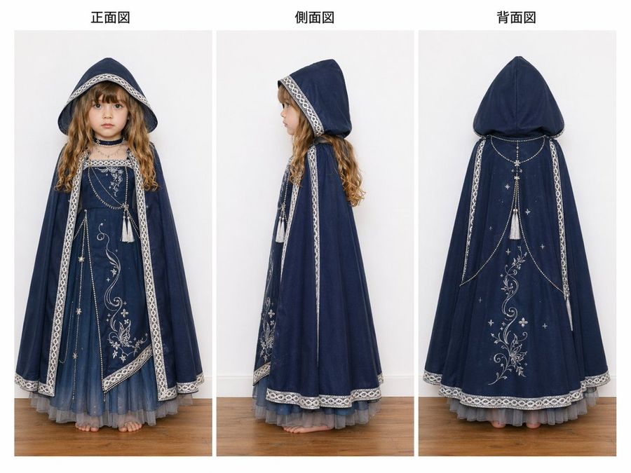 Three View Hooded Fantasy Dress Sheet — GPT Image 2 image prompt example