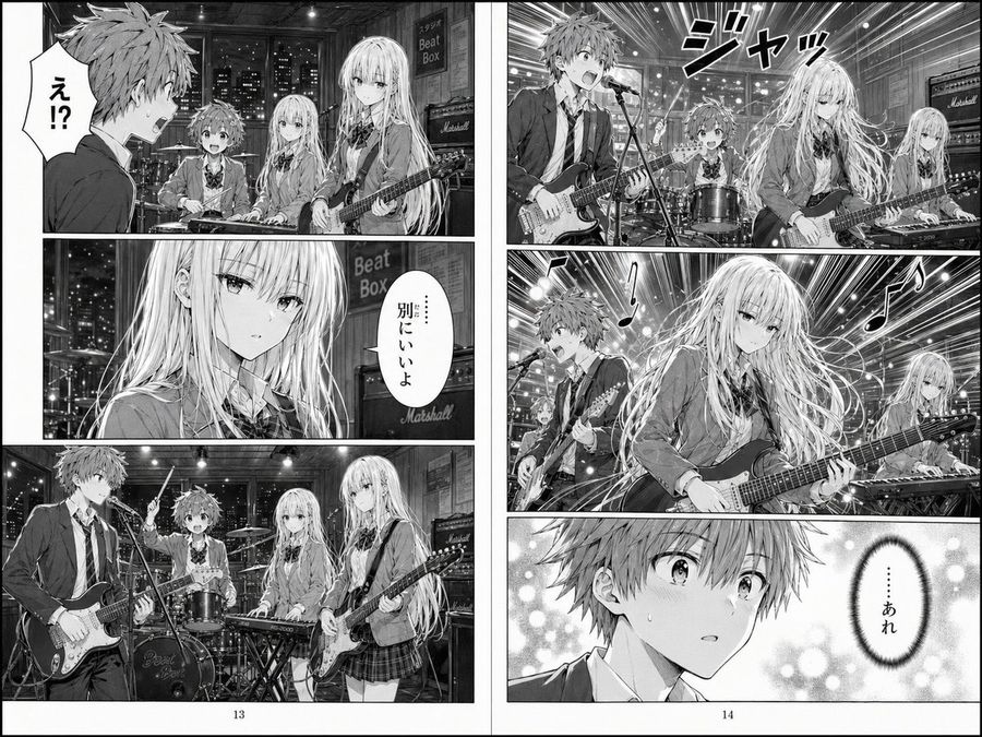Two Page School Band Manga Spread — GPT Image 2 image prompt example
