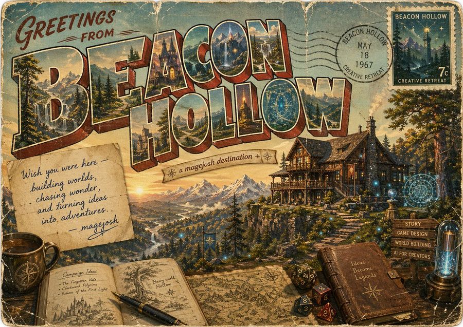 Vintage Fantasy Postcard Of Beacon Hollow — GPT Image 2 image prompt example