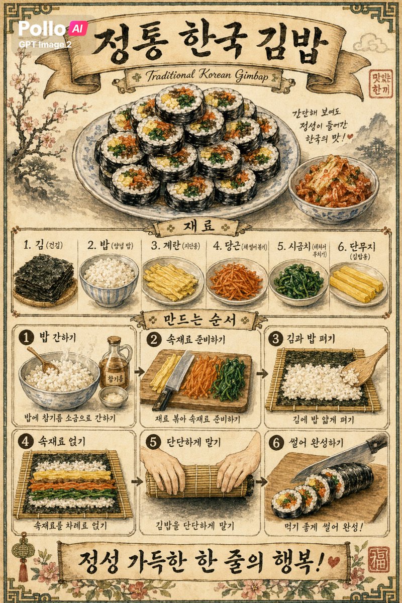 Vintage Korean Gimbap Recipe Poster — GPT Image 2 image prompt example