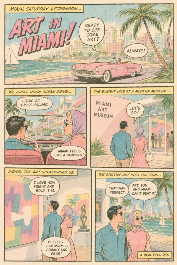 Vintage Miami Art Date Comic Page — GPT Image 2 image prompt example