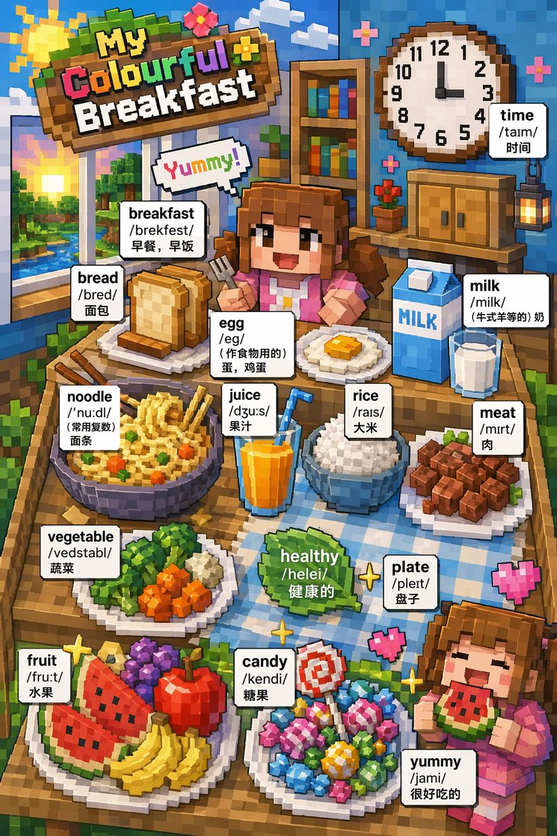 Voxel Art Bilingual Breakfast Vocabulary Poster — GPT Image 2 image prompt example
